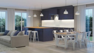 Evin bir koyu mor mutfak modern iç. İyi geceler. Akşam aydınlatma. 3D render.
