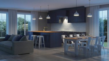 Evin bir koyu mor mutfak modern iç. İyi geceler. Akşam aydınlatma. 3D render.