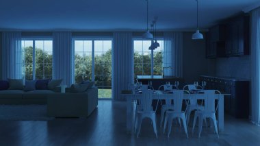 Evin bir koyu mor mutfak modern iç. İyi geceler. Akşam aydınlatma. 3D render.