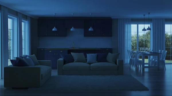 Interior Modern Rumah Dengan Dapur Ungu Gelap Selamat Malam Malam — Stok Foto
