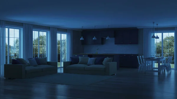 Μοντέρνο Εσωτερικό Του Σπιτιού Ένα Σκούρο Μοβ Κουζίνα Βράδυ Φωτισμός — Φωτογραφία Αρχείου
