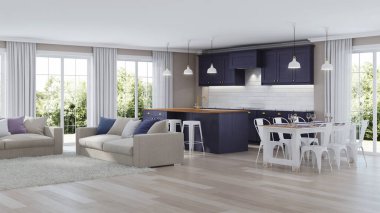 Evin bir koyu mor mutfak modern iç. 3D render.