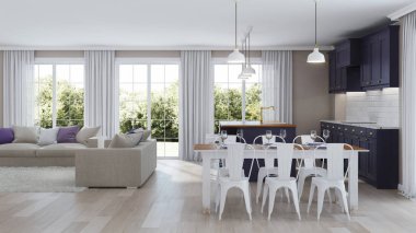 Evin bir koyu mor mutfak modern iç. 3D render.