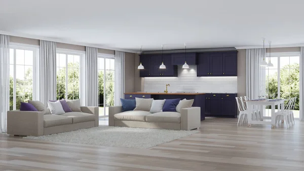 Modern Interior House Dark Purple Kitchen Rendering — Stock Photo, Image