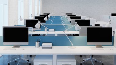 Ofis alanı. Açık alan. Ofis tasarımı. 3D render.