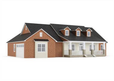 Beyaz arka plan üzerinde izole rahat tuğla ev. 3D render.