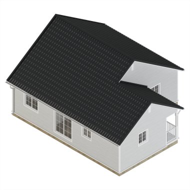 Beyaz arka plan üzerinde izole rahat küçük ev. İzometrik projeksiyon. Yukarıdan görüntüleyin. 3D render.