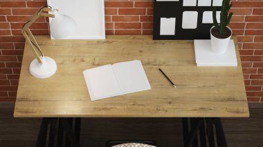 Ev işyeri iç. Tuğla duvar, ahşap zemin. 3D render.