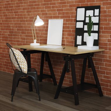 Ev işyeri iç. Tuğla duvar, ahşap zemin. 3D render.