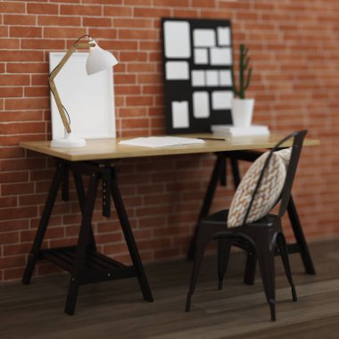 Ev işyeri iç. Tuğla duvar, ahşap zemin. 3D render.