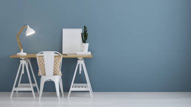 Ev işyeri iç. Mavi duvar. 3D render.