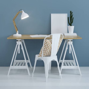 Ev işyeri iç. Mavi duvar. 3D render.