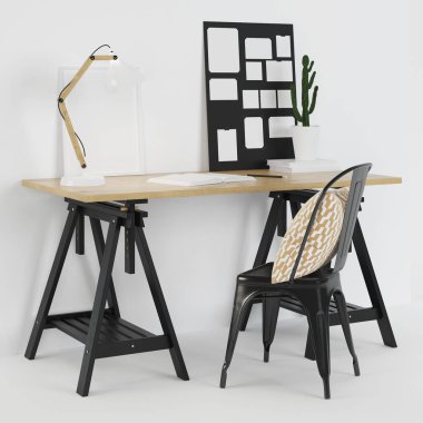 Ev işyeri iç. Beyaz bir arka plan üzerinde. 3D render.