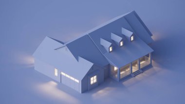 Gece aydınlatma evde düzen. İzometrik projeksiyon. 3D render.
