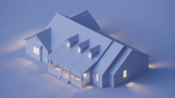 The layout of the house in night lighting. Isometric projection. 3D rendering.