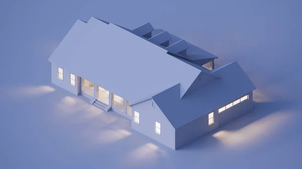 The layout of the house in night lighting. Isometric projection. 3D rendering.
