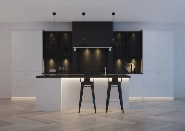 Interior Cozinha Moderna Clássico Moderno Iluminação Nocturna Renderização — Fotografia de Stock