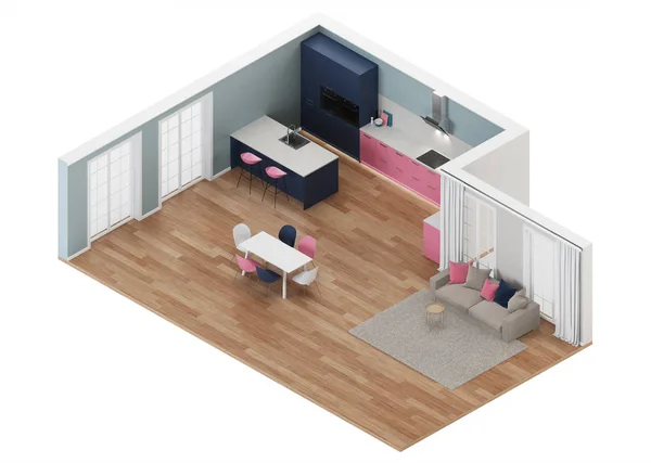 Modern Huis Interieur Roze Keuken Orthogonale Projectie Bekijk Van Bovenaf — Stockfoto