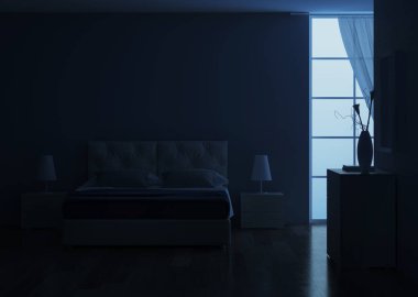Yatak odası iç tasarım. Gece aydınlatma. 3D render.