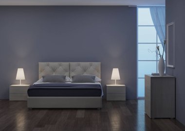 Yatak odası iç tasarım. Gece aydınlatma. 3D render.