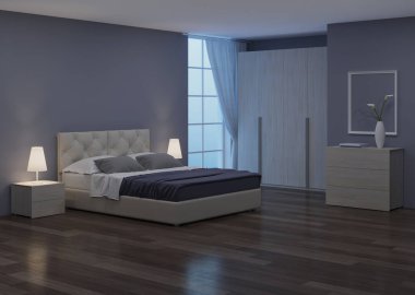 Yatak odası iç tasarım. Gece aydınlatma. 3D render.