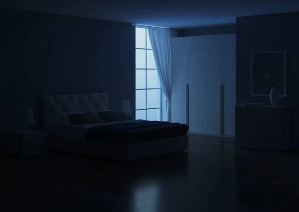 Dormitorio Diseño Interior Luz Nocturna Renderizado —  Fotos de Stock