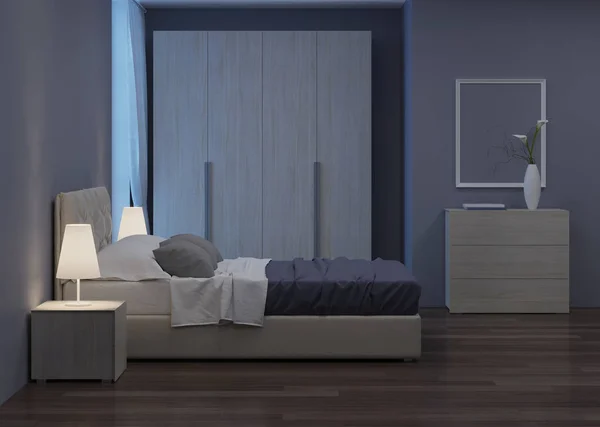 Bedroom interior design. Night lighting. 3D rendering.