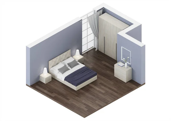 Yatak Odası Tasarım Yatak Odasında Mavi Tonları Orthogonal Projeksiyon Yukarıdan — Stok fotoğraf