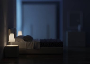 Yatak odası iç tasarım. Gece aydınlatma. 3D render.