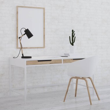 Ev işyeri iç. Beyaz iç. 3D render.