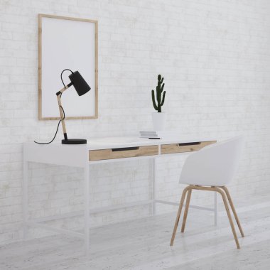 Ev işyeri iç. Beyaz iç. 3D render.