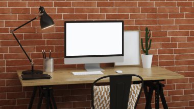 Çalışma alanı ile bir bilgisayar. Tuğla duvar ile iç. 3D render.