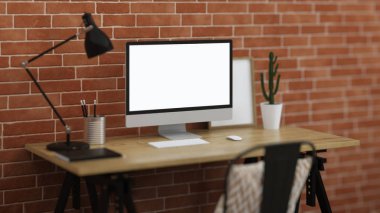 Çalışma alanı ile bir bilgisayar. Tuğla duvar ile iç. 3D render.