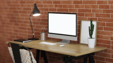 Çalışma alanı ile bir bilgisayar. Tuğla duvar ile iç. 3D render.
