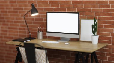 Çalışma alanı ile bir bilgisayar. Tuğla duvar ile iç. 3D render.