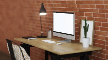 Çalışma alanı ile bir bilgisayar. Tuğla duvar ile iç. 3D render.