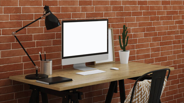 Workplace with a computer. Interior with brick wall. 3D rendering.