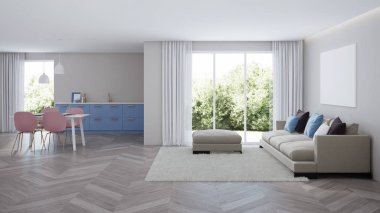 Modern ev iç. Mavi mutfak. 3D render.