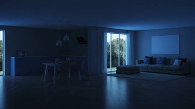 Modern ev iç. Mavi mutfak. İyi geceler. Akşam aydınlatma. 3D render.