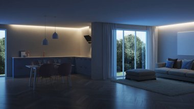 Modern ev iç. Mavi mutfak. İyi geceler. Akşam aydınlatma. 3D render.