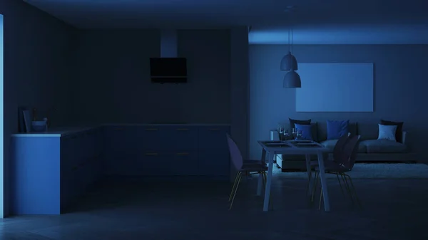 现代房子内部 蓝色的厨房 晚上照明 — 图库照片