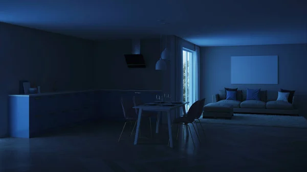 Interior Casa Moderna Cocina Azul Buenas Noches Iluminación Nocturna Renderizado —  Fotos de Stock