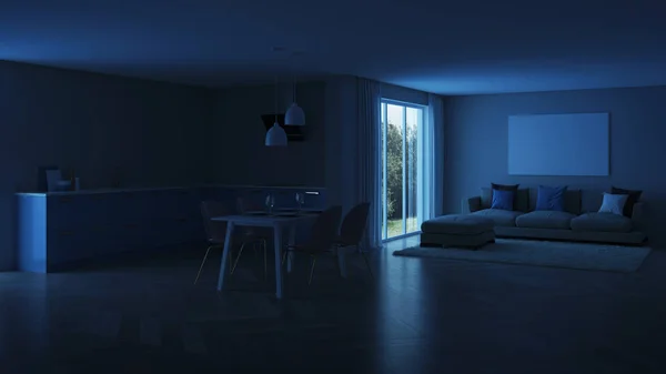 Interior Casa Moderna Cozinha Azul Boa Noite Iluminação Nocturna Renderização — Fotografia de Stock