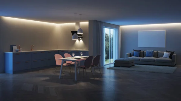 Modern Huis Interieur Blauwe Keuken Nacht Avonds Verlichting Rendering — Stockfoto