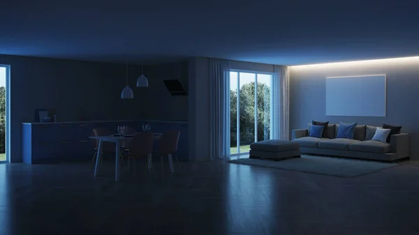 现代房子内部 蓝色的厨房 晚上照明 — 图库照片