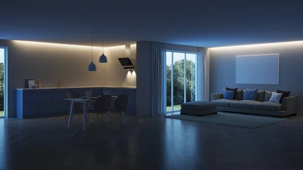 Interiorul Casei Moderne Bucătărie Albastră Noapte Bună Iluminat Seară Redare — Fotografie, imagine de stoc