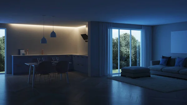 Intérieur Maison Moderne Blue Kitchen Bonne Nuit Eclairage Soir Rendu — Photo