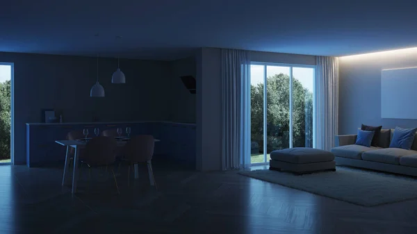 Interni Casa Moderna Blue Kitchen Buonanotte Illuminazione Serale Rendering — Foto Stock