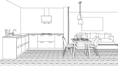 Modern ev iç. Tasarım projesi. Kroki. 3D render.