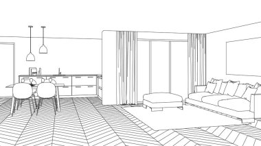 Modern ev iç. Tasarım projesi. Kroki. 3D render.